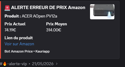 Alerte Discord — Vidéoprojecteur Acer AOpen PV12a à 74,19 € au lieu de 314 €