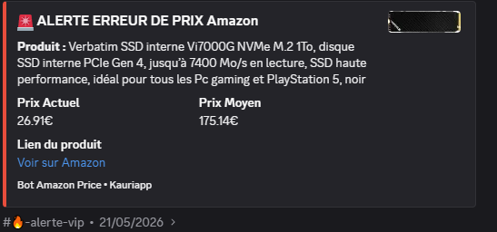 Alerte Discord — SSD Verbatim Vi7000G 1 To NVMe à 26,91 € au lieu de 175,14 €