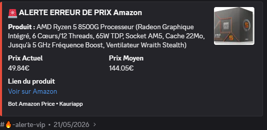 Alerte Discord — Processeur AMD Ryzen 5 8500G à 49,84 € au lieu de 144,05 €