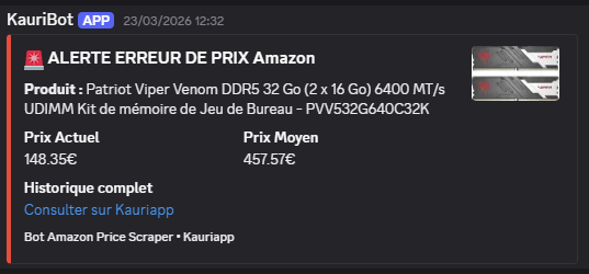 Alerte Discord — RAM DDR5 Patriot Viper Venom 32 Go à 148,35 € au lieu de 457,57 €