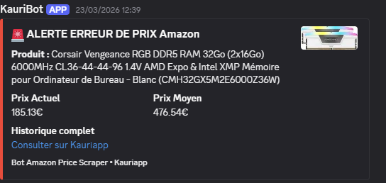 Alerte Discord — RAM DDR5 Corsair Vengeance RGB 32 Go à 185,13 € au lieu de 476,54 €
