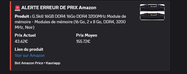 Alerte Discord — RAM DDR4 G.Skill 16 Go à 43,62 € au lieu de 155,72 €